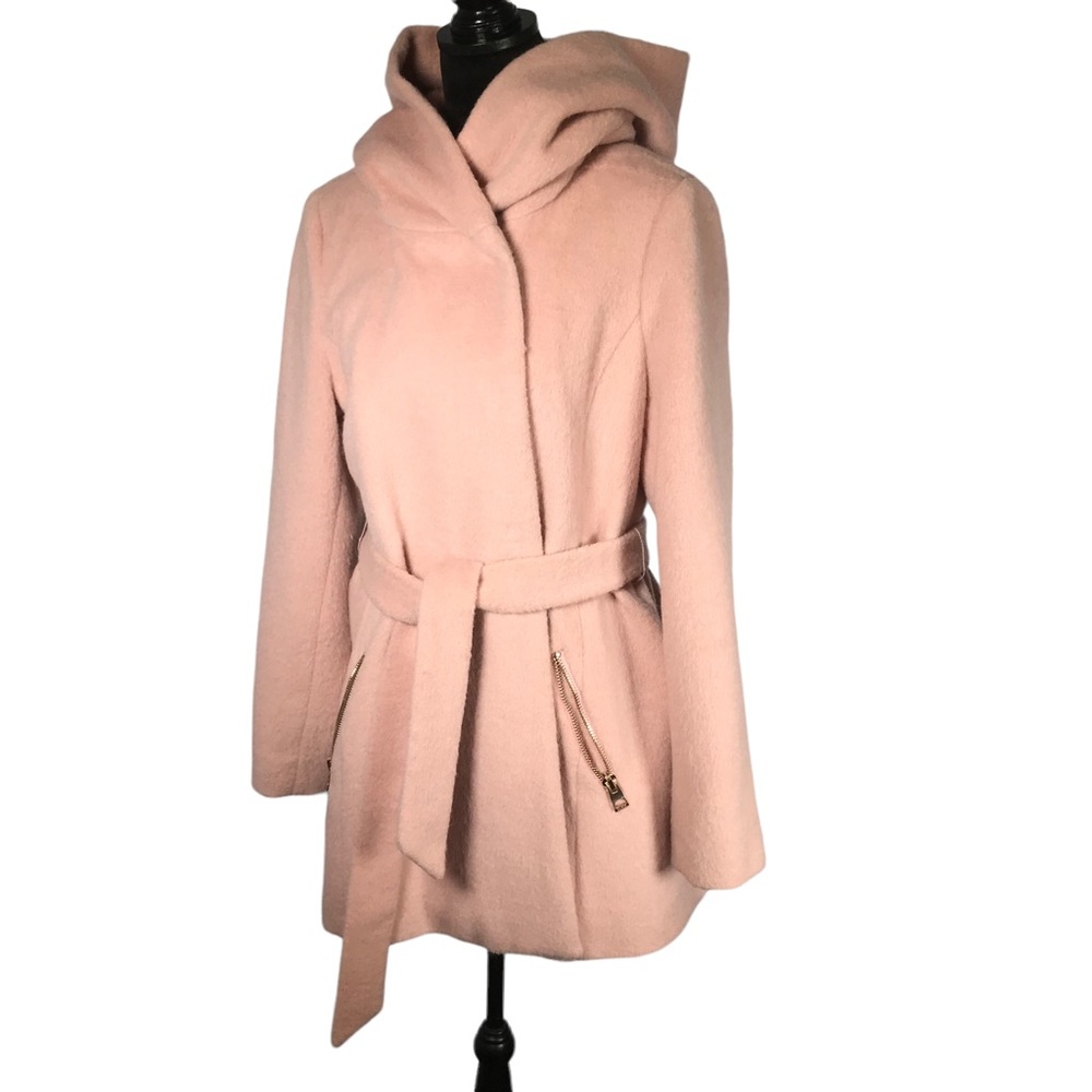 GUESS Pink Wool Blend Coat Double Breasted Belted Pink Pea Coat Jacket with Hood